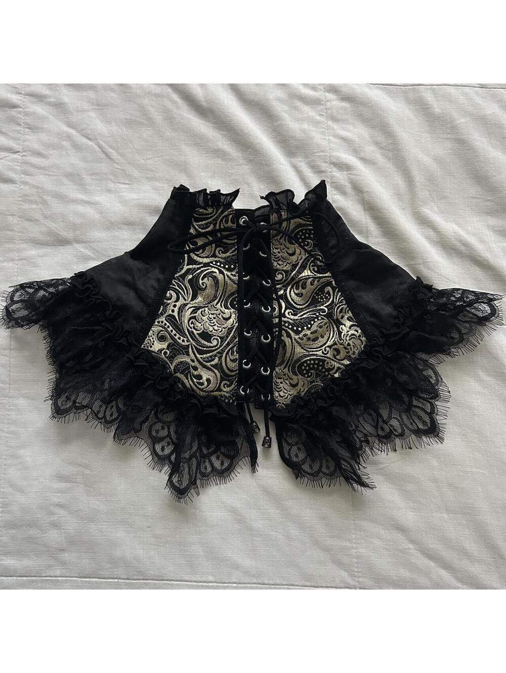 Quite Frash Black Gold Brocade Lace Corset Collar Lace Up Japan